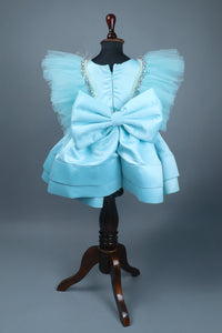 sky blue dress with purles work in chloi and feathers with head band and detachable bow