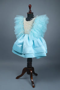 sky blue dress with purles work in chloi and feathers with head band and detachable bow