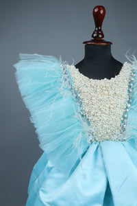 sky blue dress with purles work in chloi and feathers with head band and detachable bow
