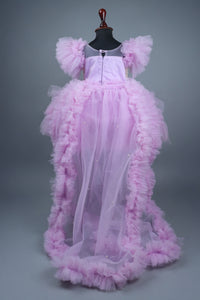 Embellised layered lilac dress with detachable trail and bow with swirled bowie hairband
