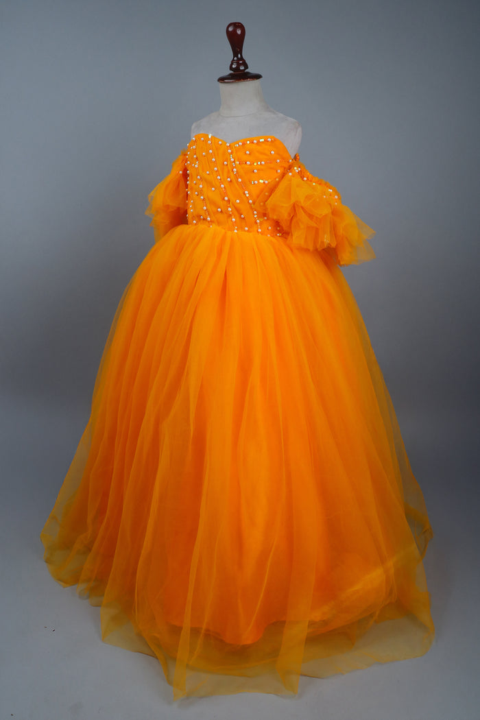 yellow full length gown with head band and detachable bow