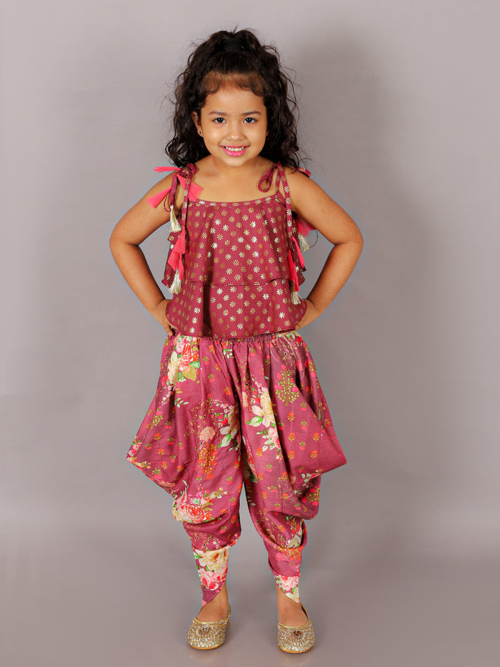 Fusion Fair Girls Brick Red Crop Top With Dhoti Co-ordinate Set