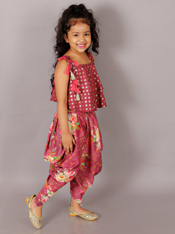 Fusion Fair Girls Brick Red Crop Top With Dhoti Co-ordinate Set