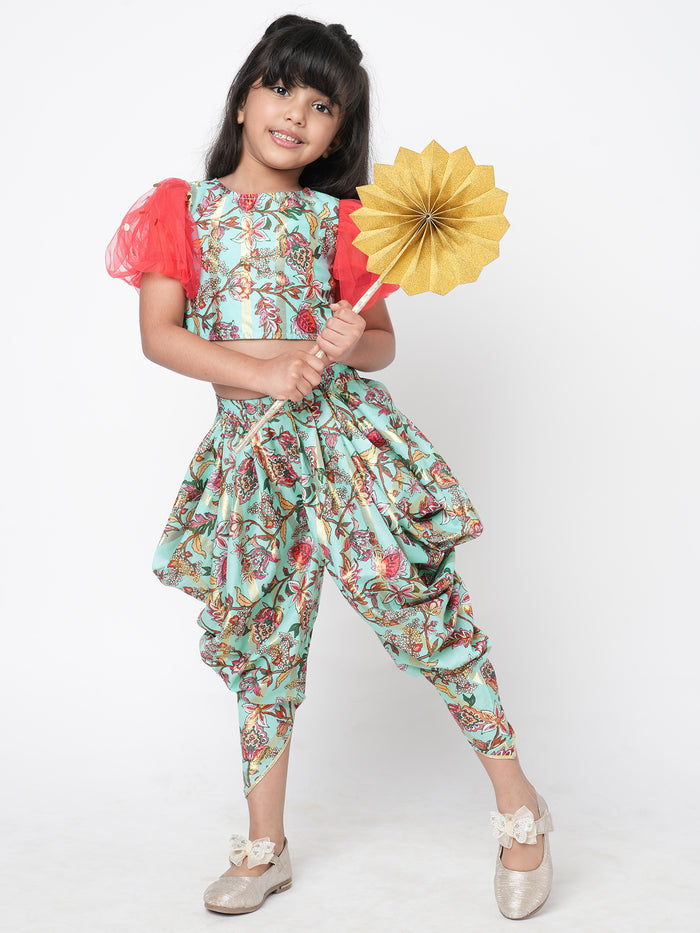 Golden Weaves Blue Crop Top With Dhoti Co Ordinate Set