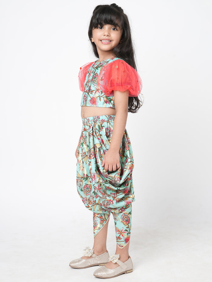 Golden Weaves Blue Crop Top With Dhoti Co Ordinate Set