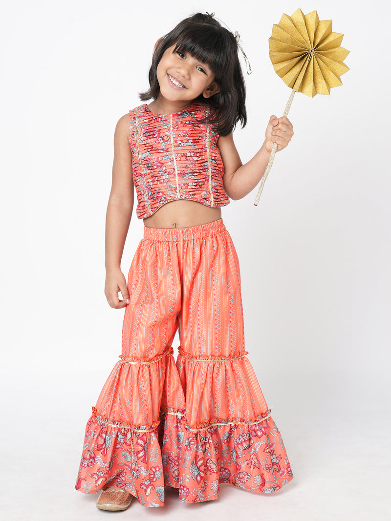 Golden Weaves Orange Crop Top With Palazzo Co Ordinate Set