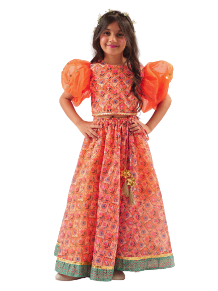 Rangoli Girls Orange Lehenga Choli Set