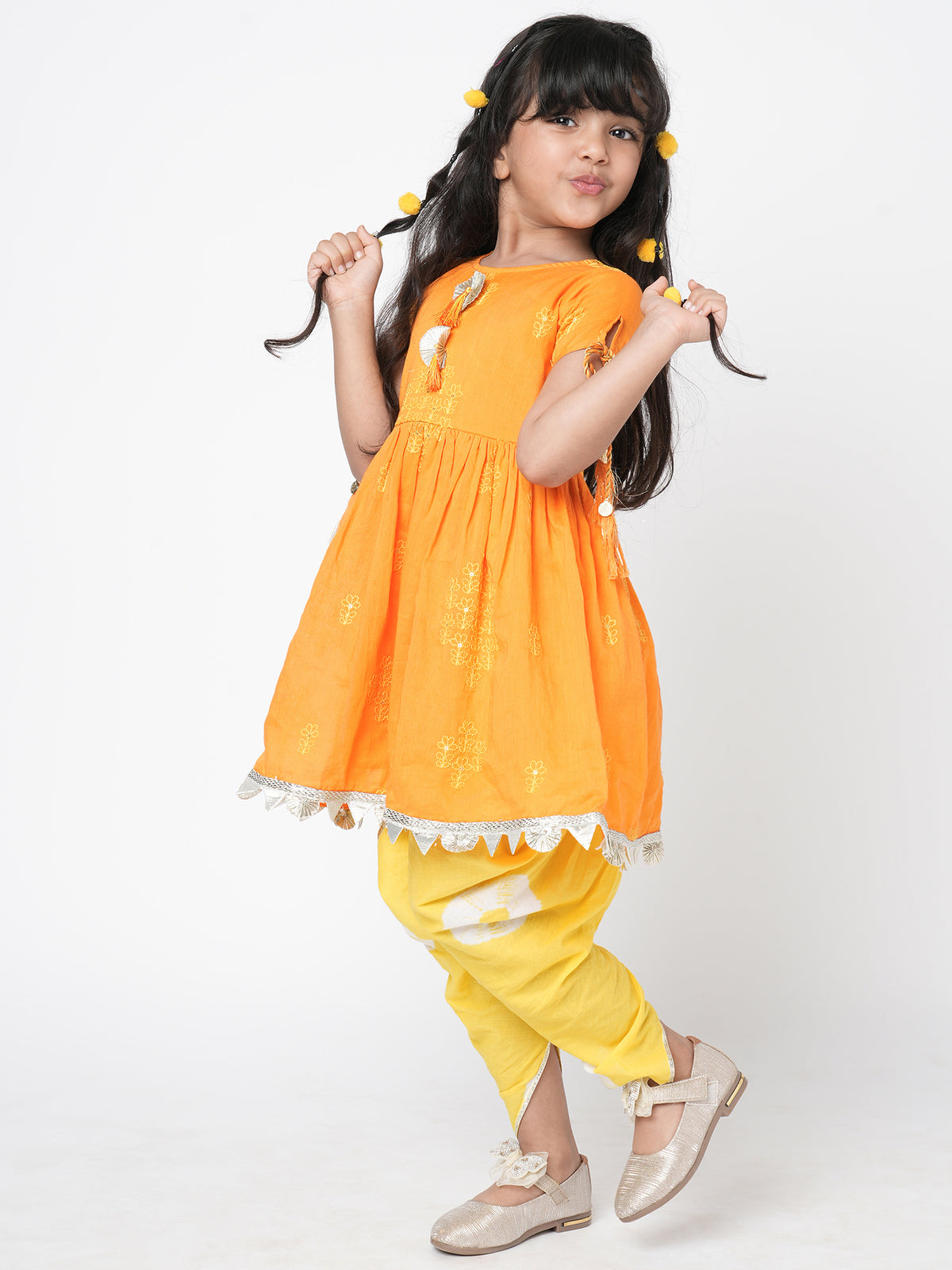 Khoochi Poochi Girls Orange Embroidered Kurta With Dhoti Set