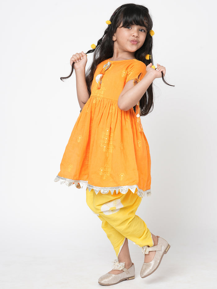 Khoochi Poochi Girls Orange Embroidered Kurta With Dhoti Set
