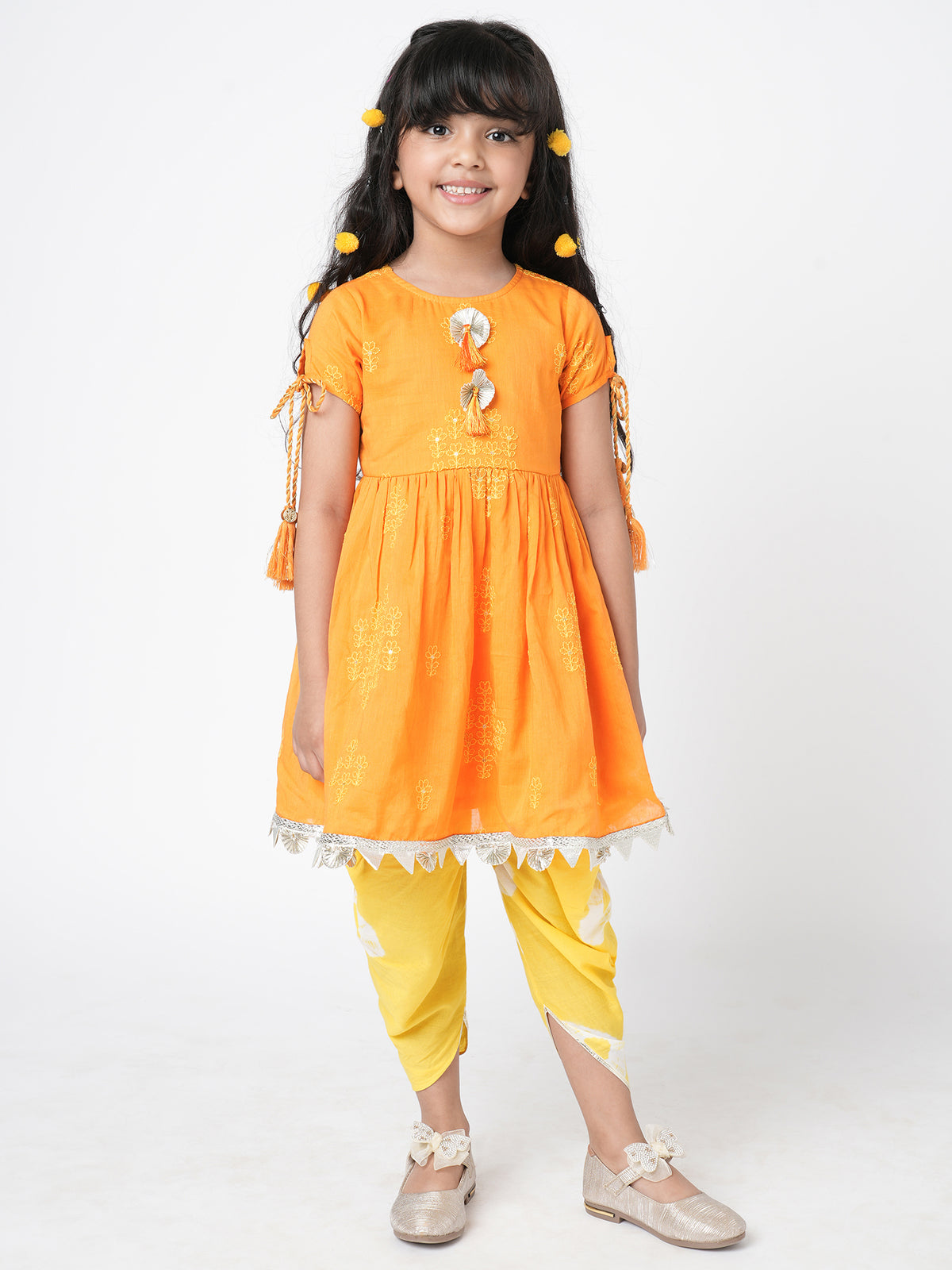 Khoochi Poochi Girls Orange Embroidered Kurta With Dhoti Set