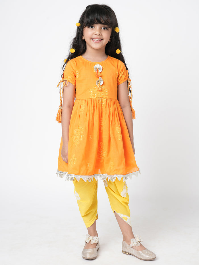 Khoochi Poochi Girls Orange Embroidered Kurta With Dhoti Set