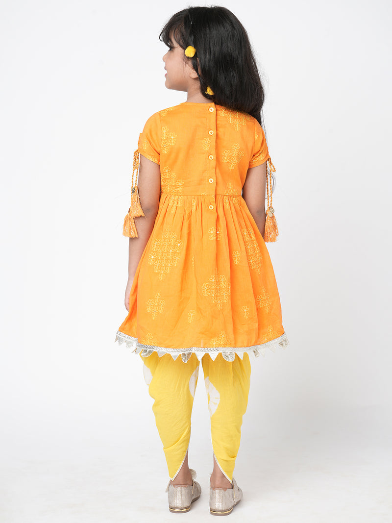 Khoochi Poochi Girls Orange Embroidered Kurta With Dhoti Set
