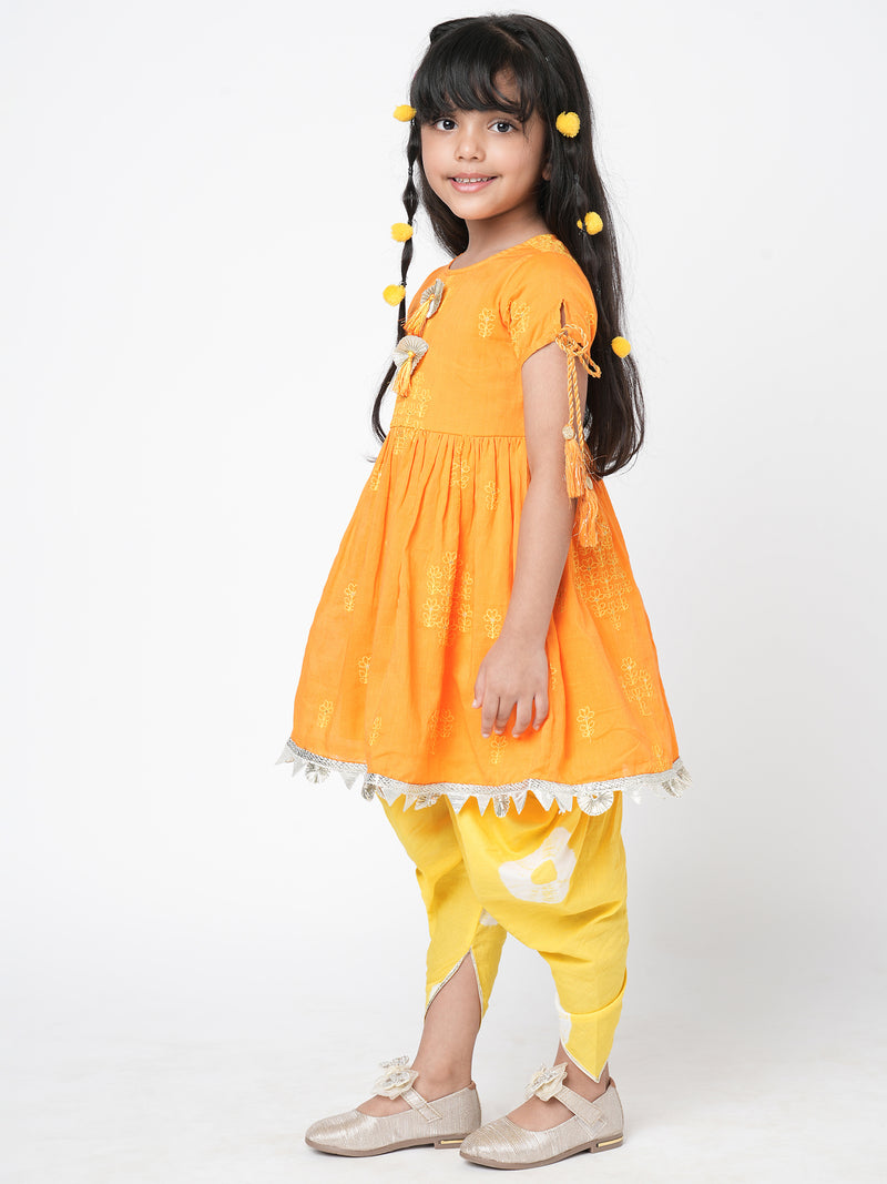 Khoochi Poochi Girls Orange Embroidered Kurta With Dhoti Set