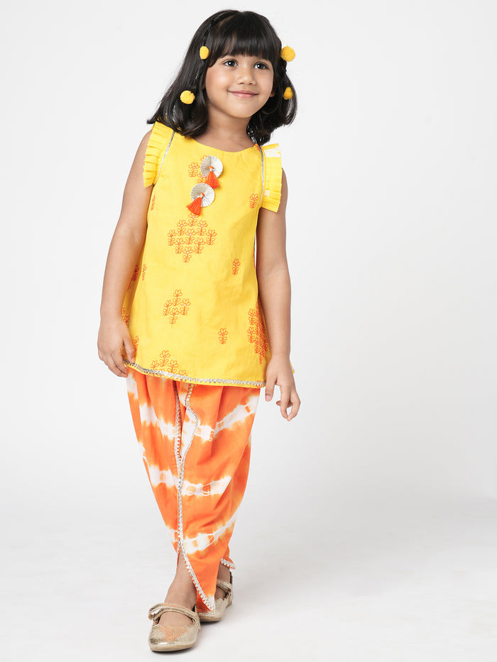 Khoochi Poochi Girls Yellow Embroidered Kurta With Dhoti Set