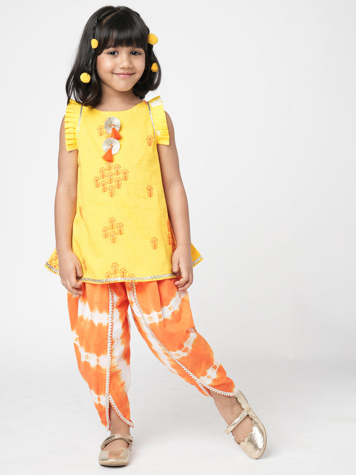Khoochi Poochi Girls Yellow Embroidered Kurta With Dhoti Set