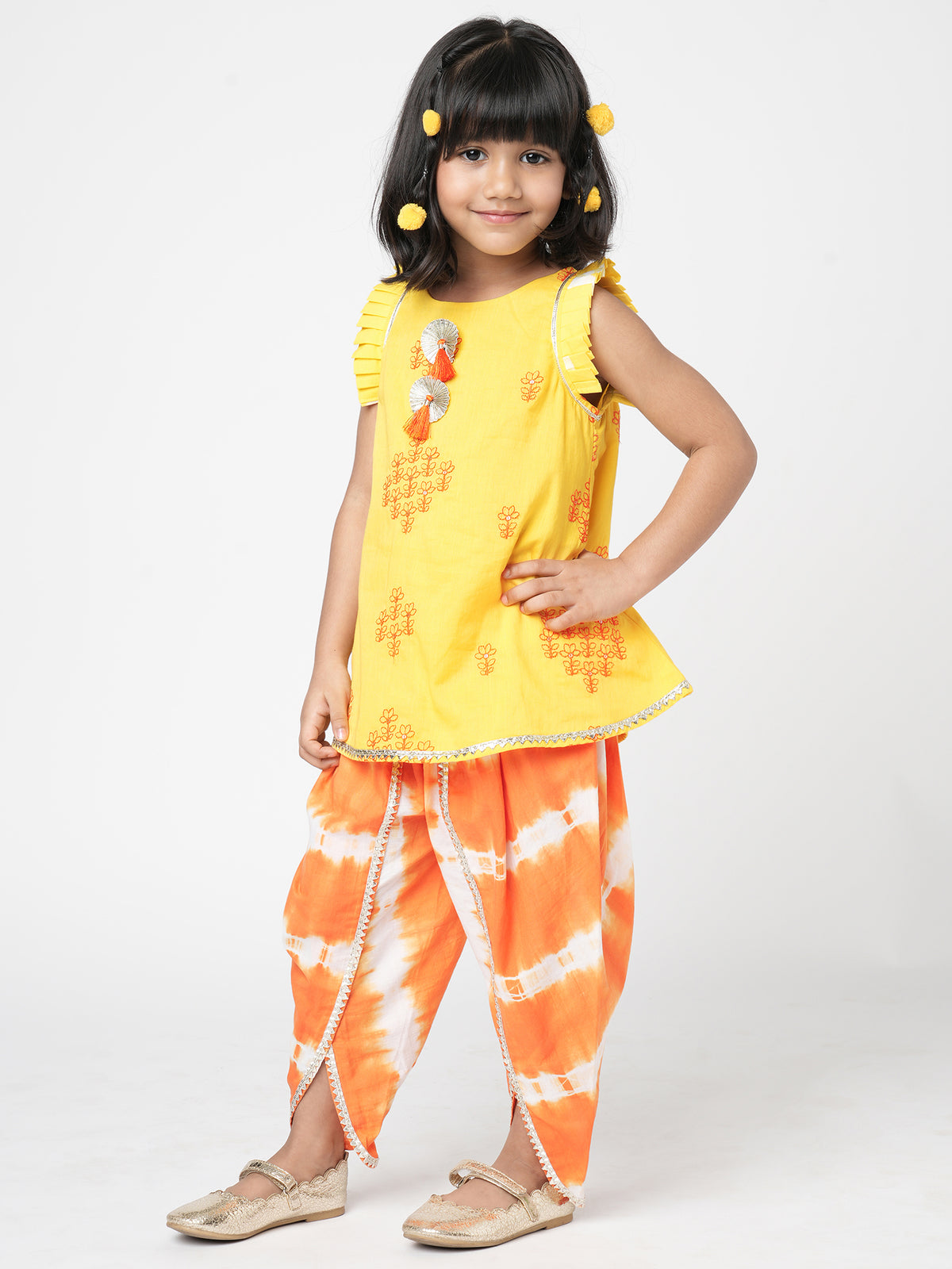 Khoochi Poochi Girls Yellow Embroidered Kurta With Dhoti Set