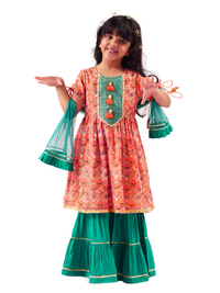 Rangoli Girls Orange Kurta With Sharara & Dupatta Set