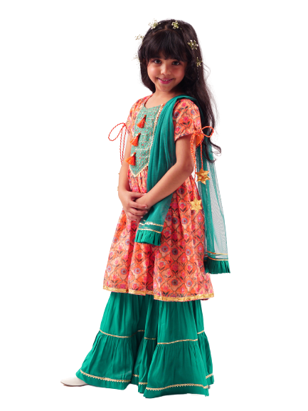 Rangoli Girls Orange Kurta With Sharara & Dupatta Set