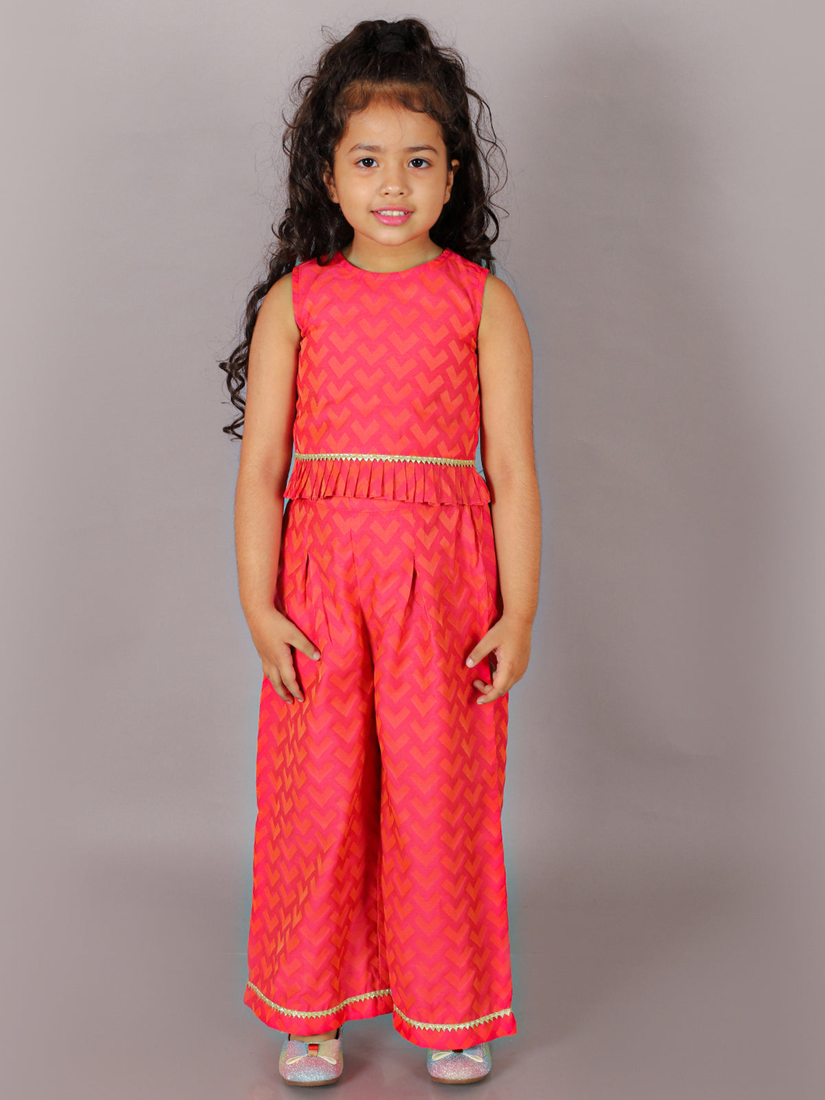 Folklore Girls Pink Crop Top With Pants Co-Ordinate Set