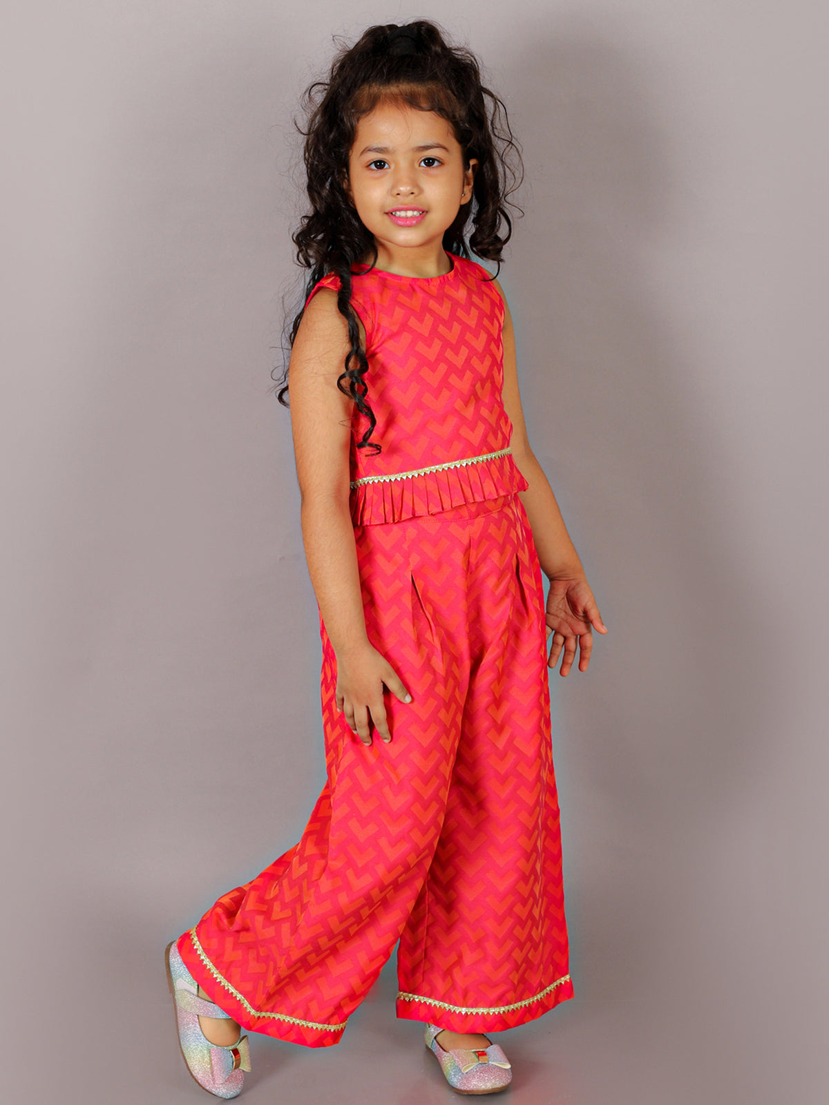 Folklore Girls Pink Crop Top With Pants Co-Ordinate Set