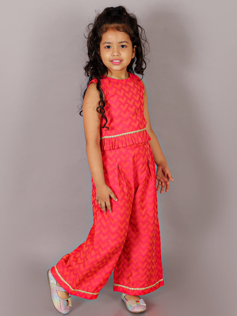Folklore Girls Pink Crop Top With Pants Co-Ordinate Set