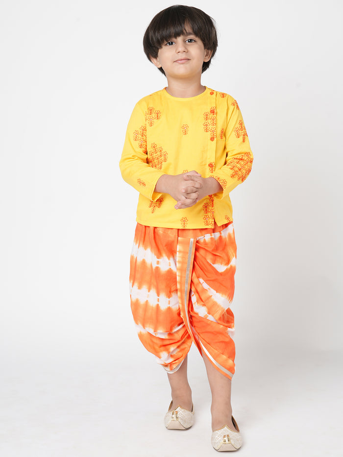 Khoochi Poochi  Boys Yellow Embroidered Kurta With Dhoti Set