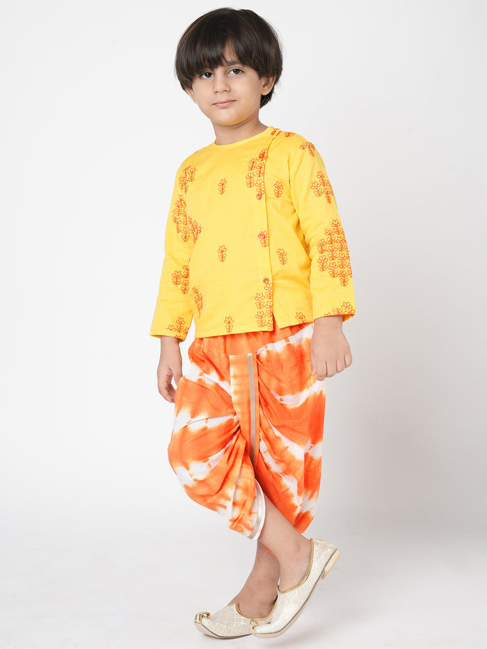 Khoochi Poochi  Boys Yellow Embroidered Kurta With Dhoti Set