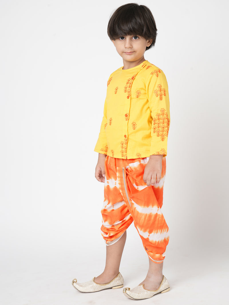 Khoochi Poochi  Boys Yellow Embroidered Kurta With Dhoti Set