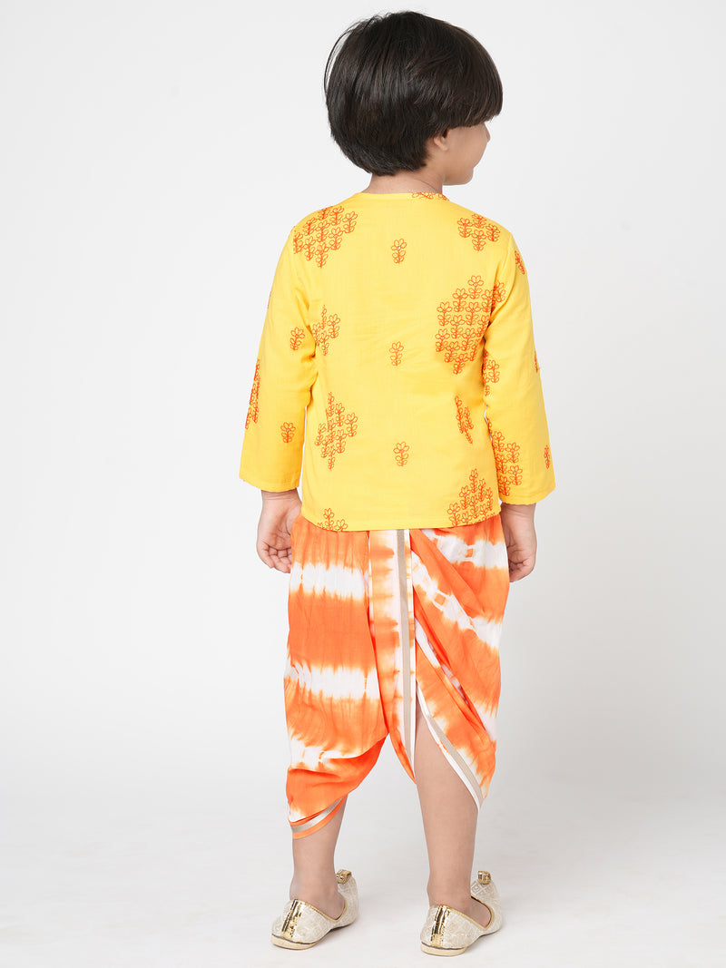 Khoochi Poochi  Boys Yellow Embroidered Kurta With Dhoti Set