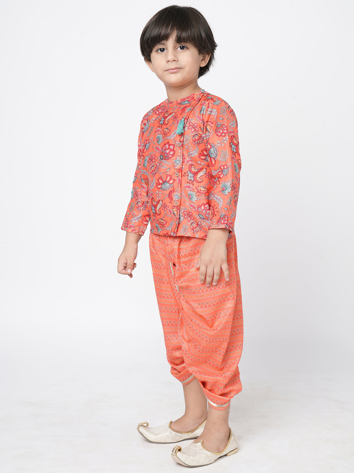 Golden Weaves Boys Orange Kurta With Dhoti Set