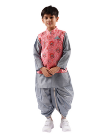 Rangoli Boys Grey Kurta With Dhoti And Jacket Set