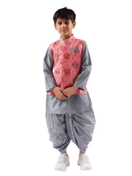 Rangoli Boys Grey Kurta With Dhoti And Jacket Set