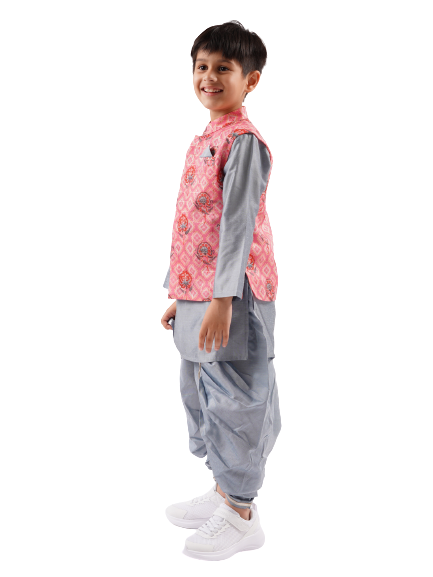 Rangoli Boys Grey Kurta With Dhoti And Jacket Set