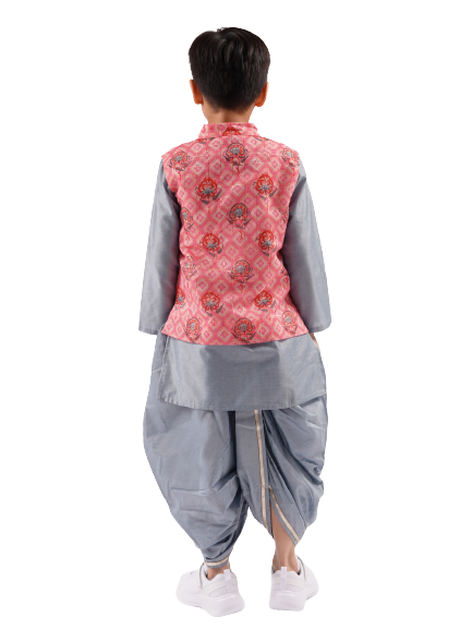 Rangoli Boys Grey Kurta With Dhoti And Jacket Set