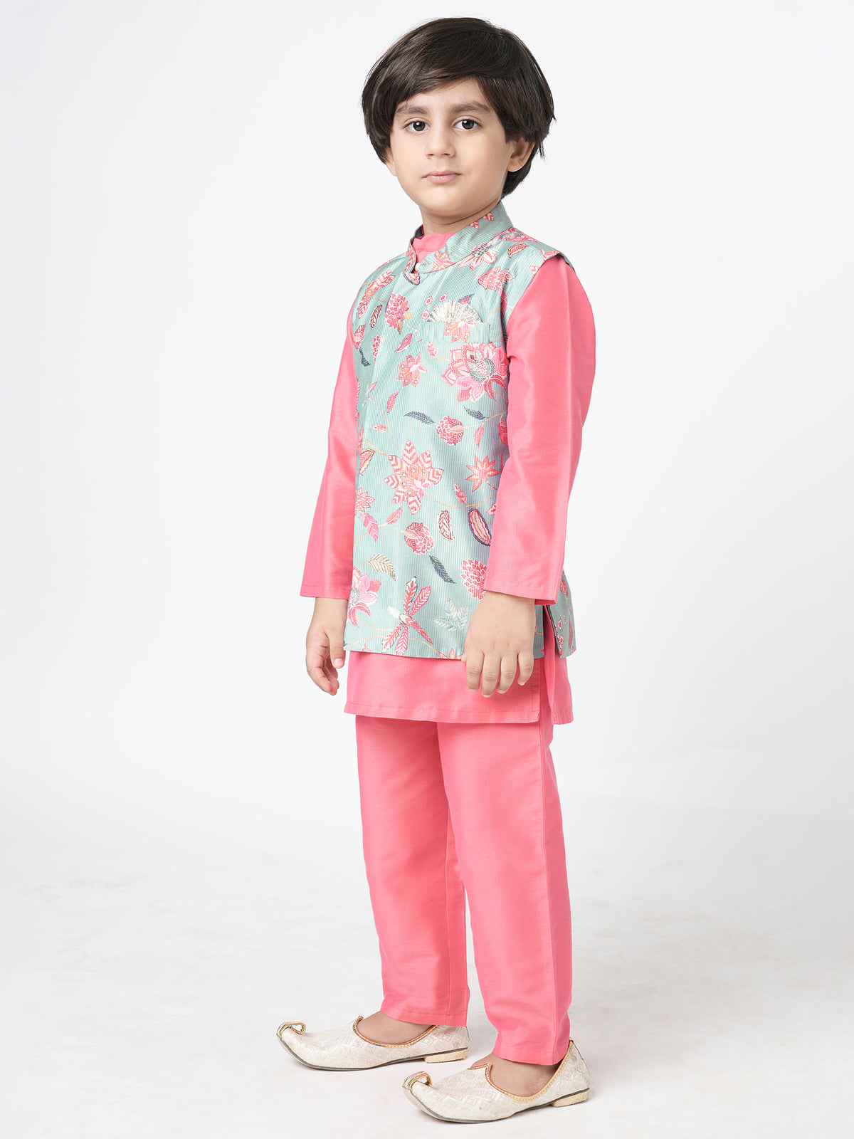 Golden Weaves Pink Kurta With Pant And Jacket Set