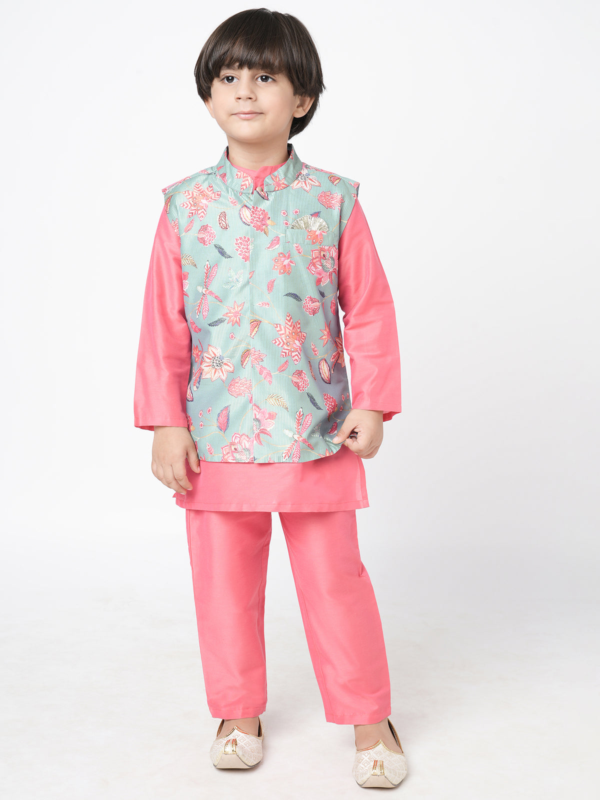 Golden Weaves Pink Kurta With Pant And Jacket Set