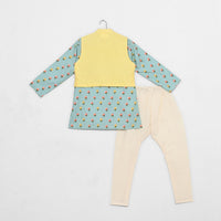 Yellow Aqua Green Embroidered Jacket With Printed Kurta Churidar