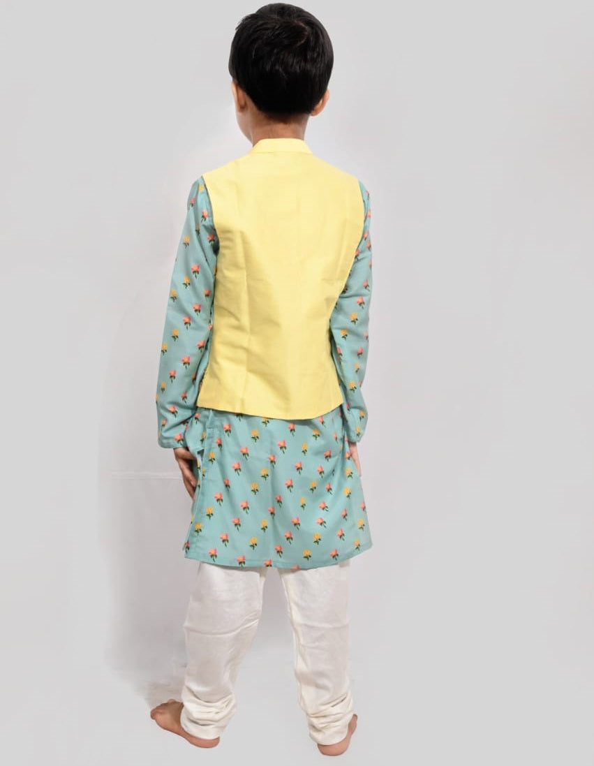 Yellow Aqua Green Embroidered Jacket With Printed Kurta Churidar