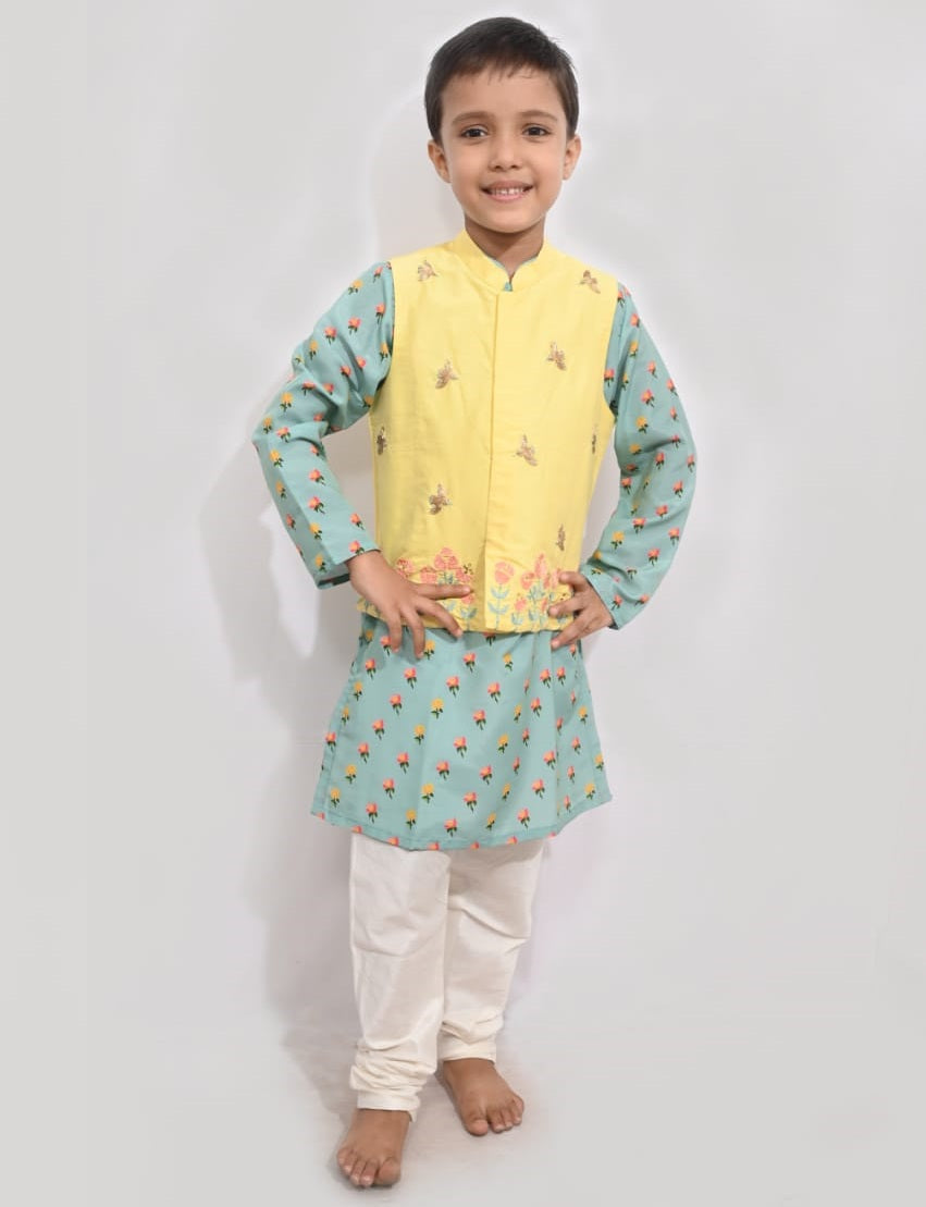 Yellow Aqua Green Embroidered Jacket With Printed Kurta Churidar
