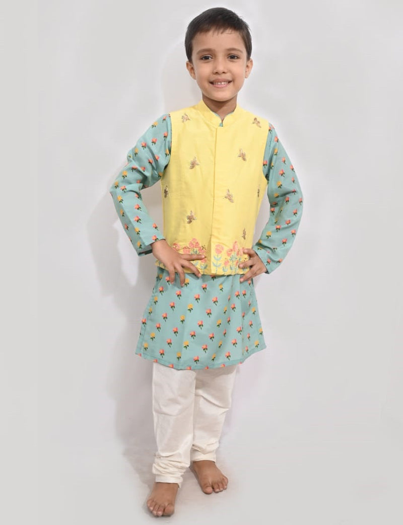 Yellow Aqua Green Embroidered Jacket With Printed Kurta Churidar