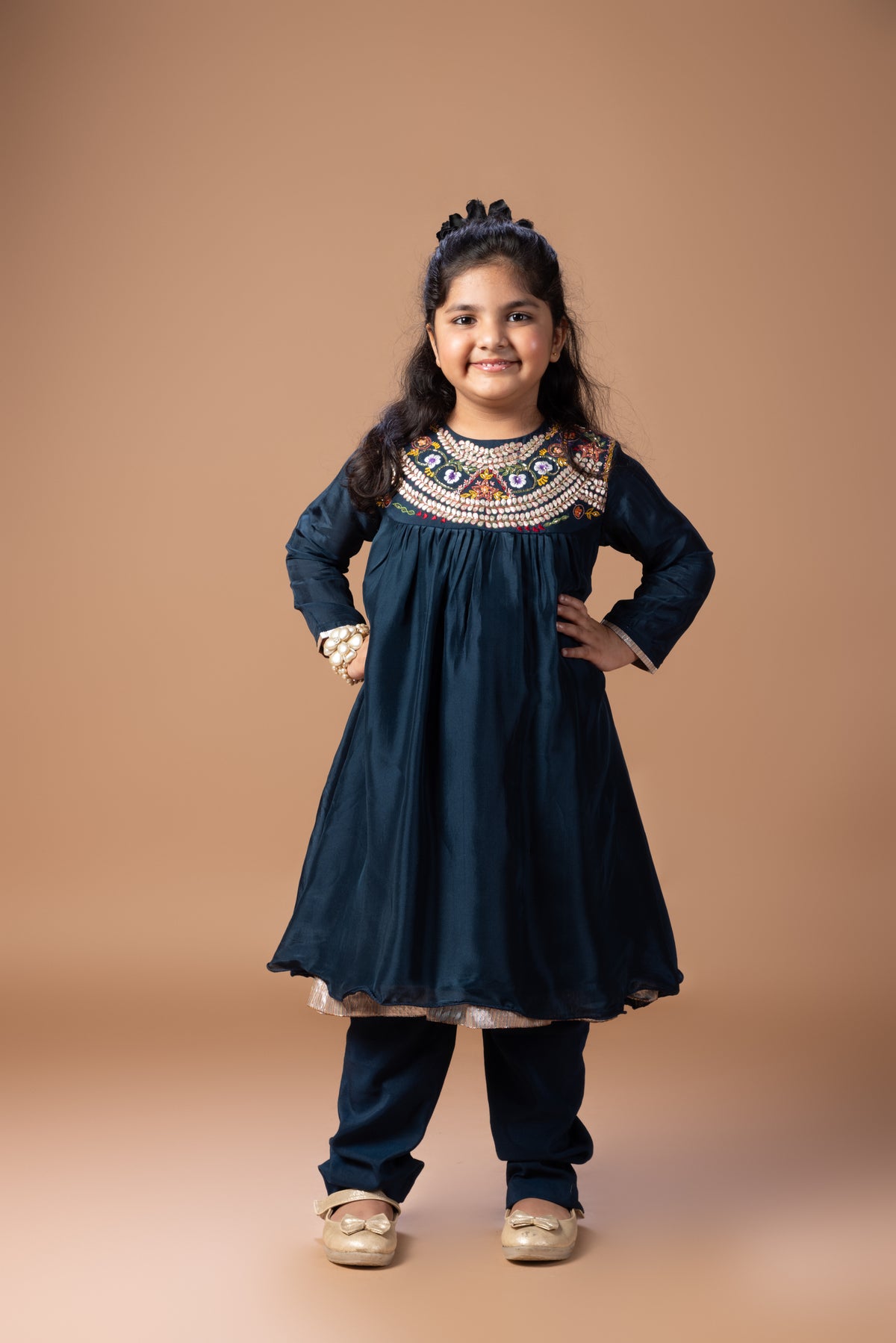 DARK BLUE HEAVY GOTA AND TREAD EMBROIDERED ON YOKE OF KURTI TOP WITH PANT SET