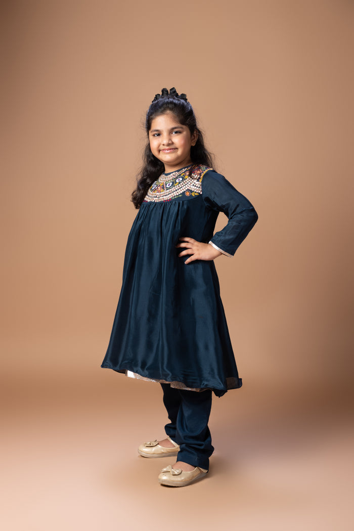 DARK BLUE HEAVY GOTA AND TREAD EMBROIDERED ON YOKE OF KURTI TOP WITH PANT SET