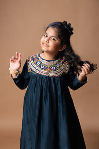 DARK BLUE HEAVY GOTA AND TREAD EMBROIDERED ON YOKE OF KURTI TOP WITH PANT SET