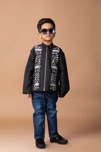 BLACK HEAVY ASSORTED EMBROIDERY FRONT OPEN BOMBER JACKET UNISEX