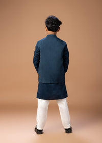 DARK BLUE KURTA WITH HEAVY GOTA AND THREAD EMBROIDERED ON OPEN BUNDI JACKET WITH PAJAMA SET
