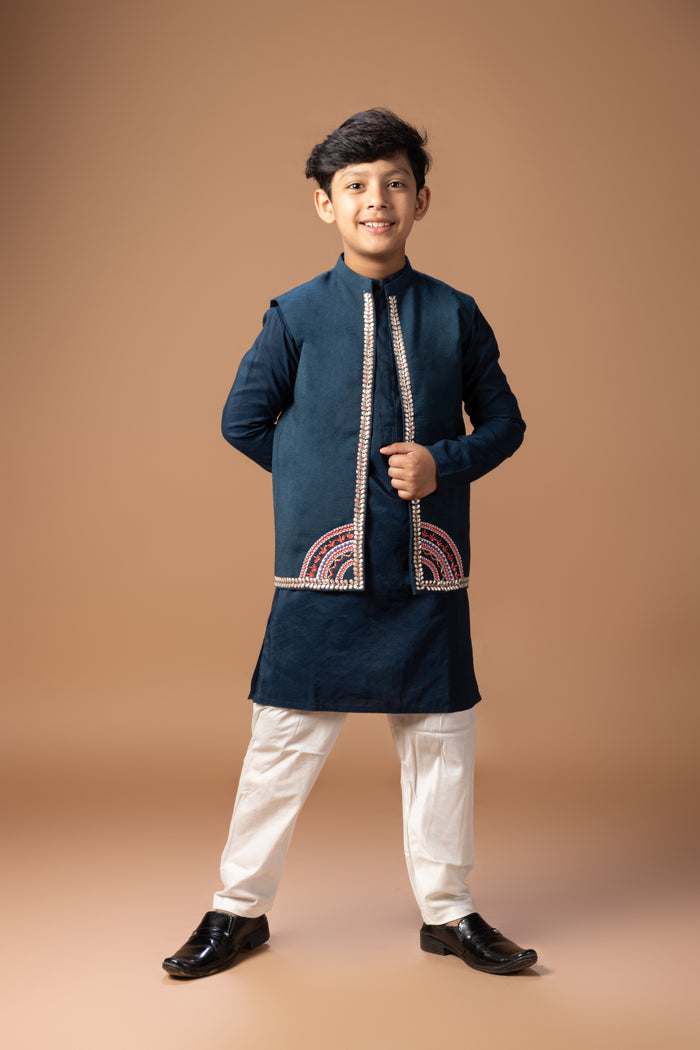 DARK BLUE KURTA WITH HEAVY GOTA AND THREAD EMBROIDERED ON OPEN BUNDI JACKET WITH PAJAMA SET