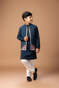 DARK BLUE KURTA WITH HEAVY GOTA AND THREAD EMBROIDERED ON OPEN BUNDI JACKET WITH PAJAMA SET