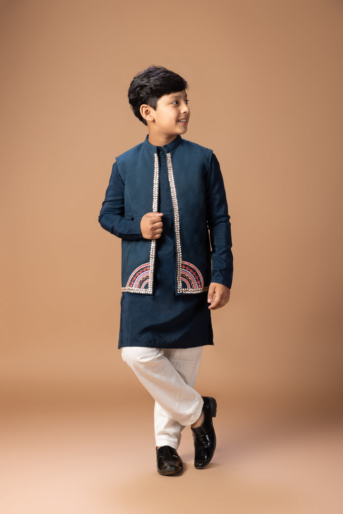DARK BLUE KURTA WITH HEAVY GOTA AND THREAD EMBROIDERED ON OPEN BUNDI JACKET WITH PAJAMA SET