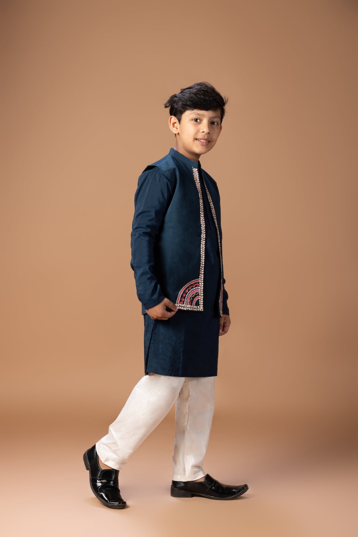 DARK BLUE KURTA WITH HEAVY GOTA AND THREAD EMBROIDERED ON OPEN BUNDI JACKET WITH PAJAMA SET