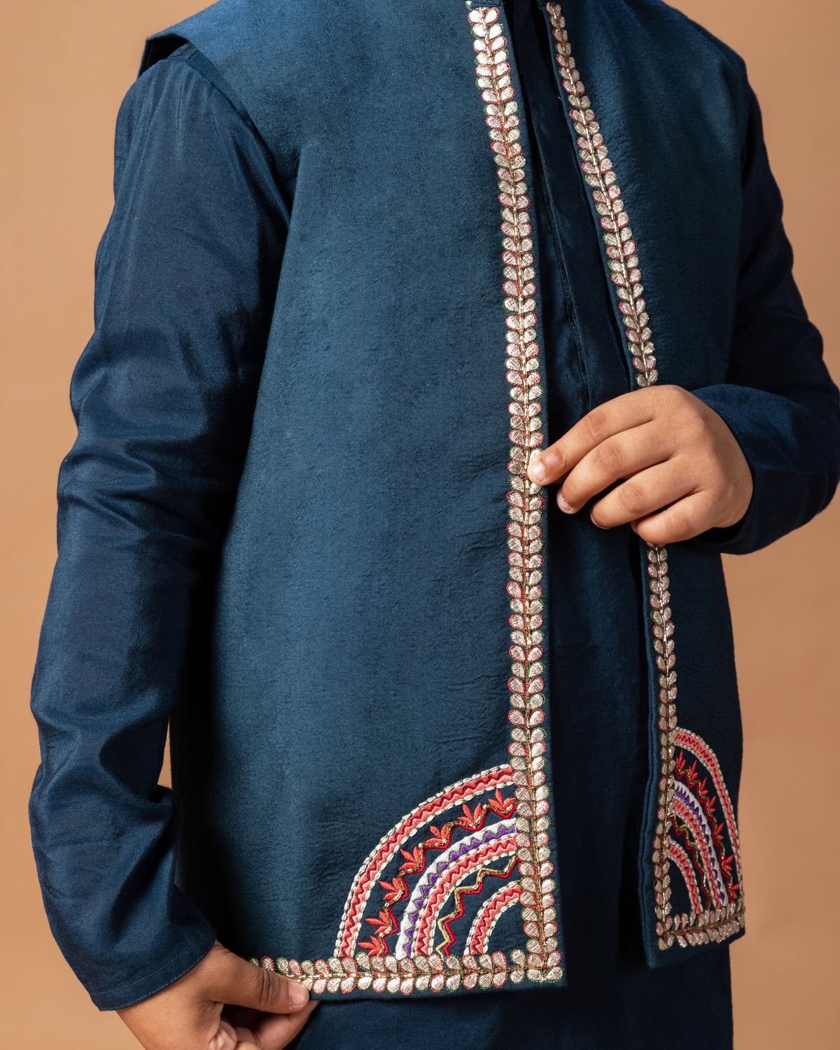 DARK BLUE KURTA WITH HEAVY GOTA AND THREAD EMBROIDERED ON OPEN BUNDI JACKET WITH PAJAMA SET